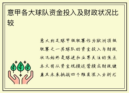 意甲各大球队资金投入及财政状况比较