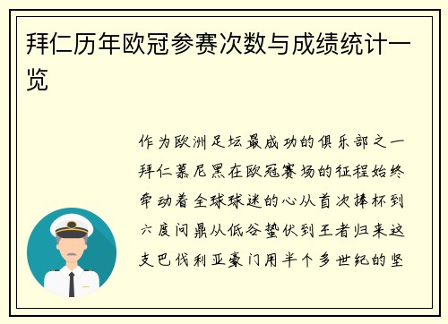 拜仁历年欧冠参赛次数与成绩统计一览